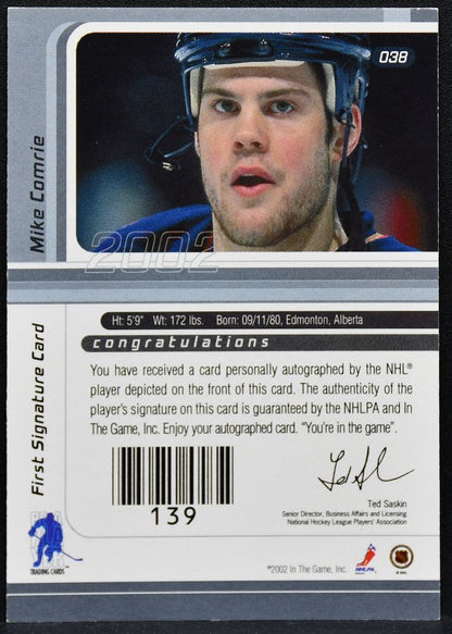 2001-02 In The Game Signature Series Mike Comrie 038 Edmonton Oilers Auto 4556