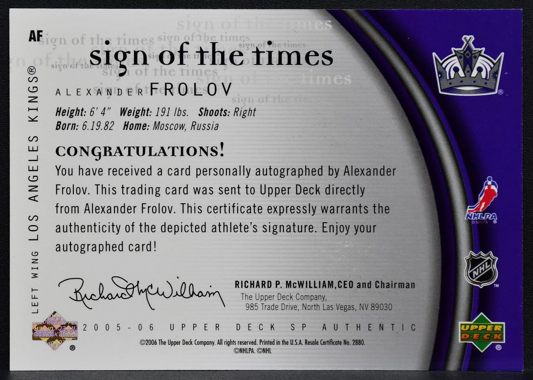 2005-06 SP Authentic Sign of the Times Alexander Frolov AF Kings Auto 8652