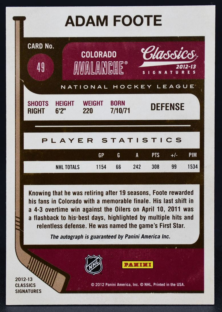 2012-13 Panini Classics Signatures Adam Foote 49 Auto