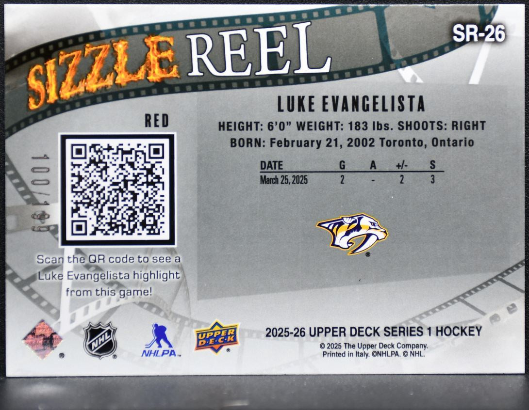 2025-26 Upper Deck Series 1 Sizzle Reel Red Luke Evangelista Predators /199 6520