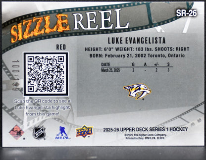 2025-26 Upper Deck Series 1 Sizzle Reel Red Luke Evangelista Predators /199 6520