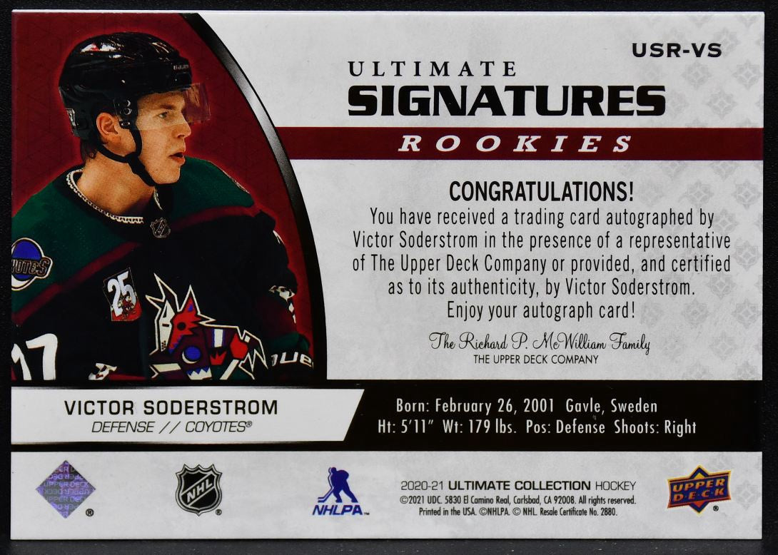 2020-21 UD Ultimate Collection RC Victor Soderstrom USR-VS Coyotes RC Auto 4654