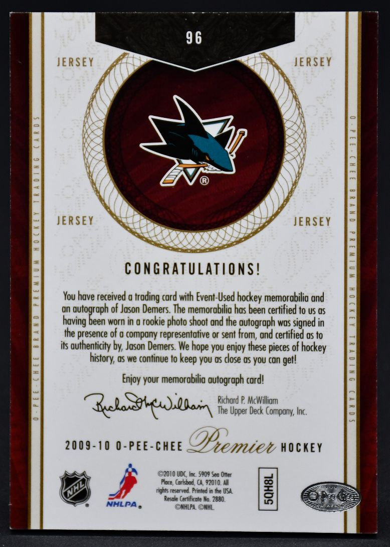 2009-10 OPC Premier Auto Jersey Jason Demers 96 RC Auto Jersey