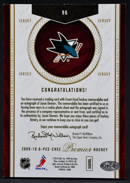 2009-10 OPC Premier Auto Jersey Jason Demers 96 RC Auto Jersey
