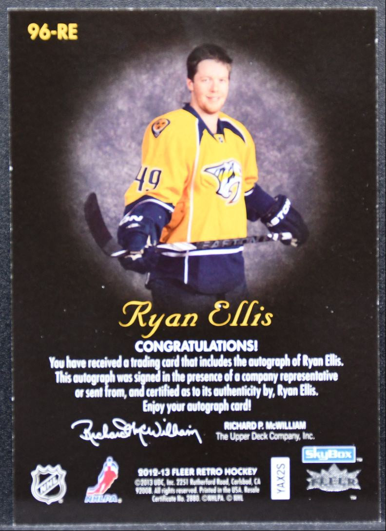 2012-13 Fleer Retro 1996-97 Skybox Autographics Ryan Ellis Predators Auto 0789