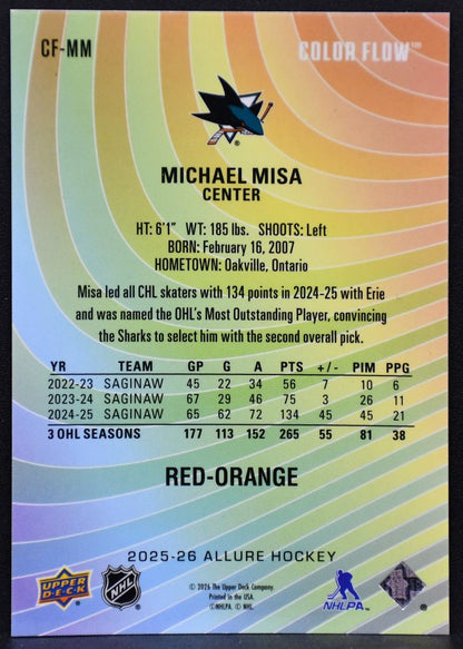 2025-26 UD Allure Color Flow Red-Orange Michael Misa CF-MM San Jose Sharks RC 1565