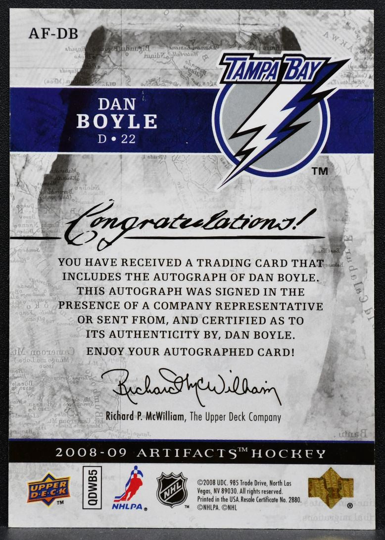 2008-09 Upper Deck Artifacts Auto-Facts Dan Boyle AF-DB Lightning Auto 1953