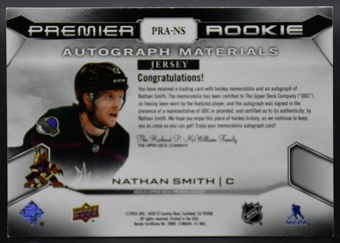 2022-23 UD Premier Nathan Smith PRA-NS Arizona Coyotes RC Auto Jersey