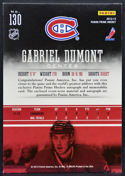2012-13 Panini Prime Jersey Dumont 130 Canadiens RC Auto 193/249 Jersey 0249