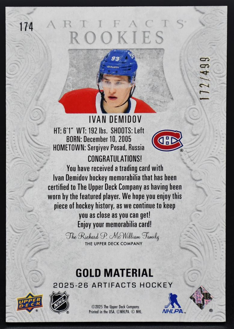 Maillot Ivan Demidov 174 RC 172/499, collection UD Artifacts Rookies Gold Material 2025-26