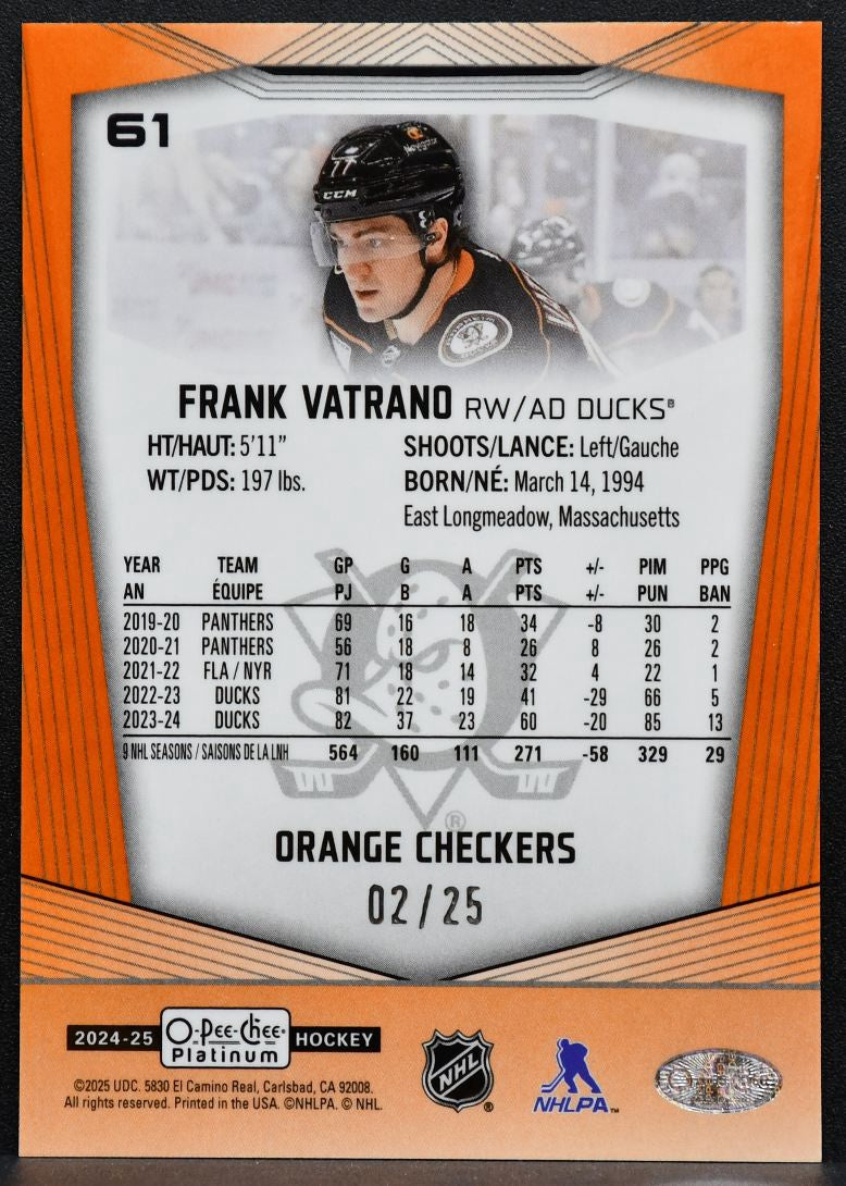 2024-25 O-Pee-Chee Platinum Orange Checkers Frank Vatrano 61 Ducks 02/25 9461