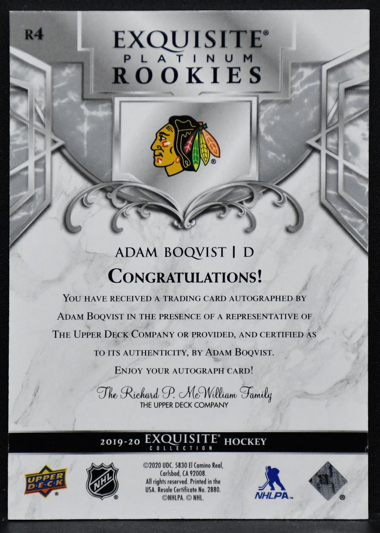 2019-20 UD Ice Exquisite Collection Auto Adam Boqvist R4 RC Auto 102/199
