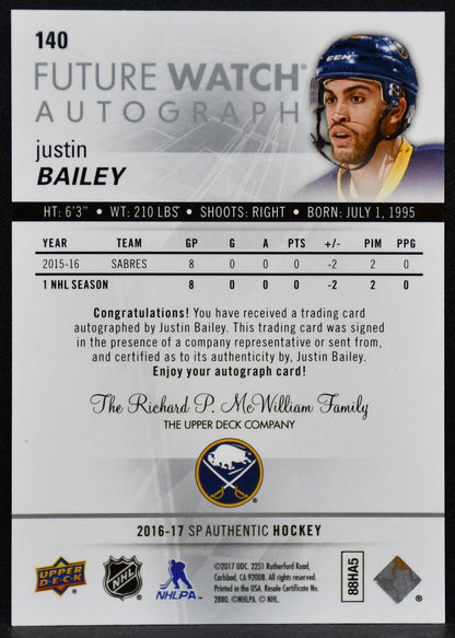 2016-17 SP Authentic Future Watch Justin Bailey 140 Sabres RC Auto 375/999 6214