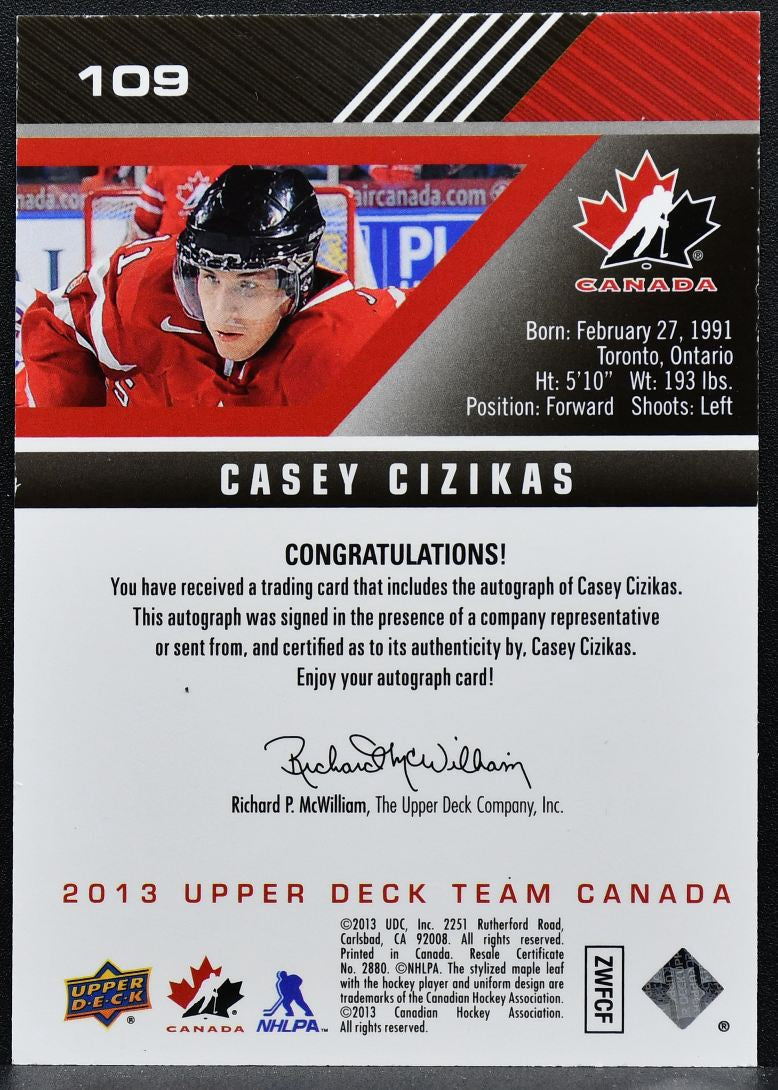2013-14 Upper Deck Team Canada Gold Signatures Casey Cizikas 109 Auto 9729