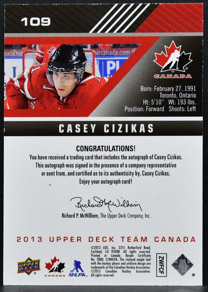 2013-14 Upper Deck Team Canada Gold Signatures Casey Cizikas 109 Auto 9729