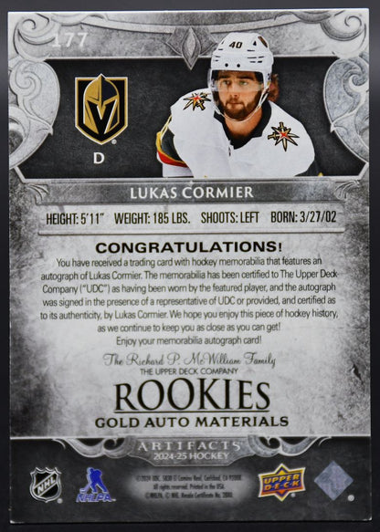 2024-25 UD Artifacts Cormier 177 Vegas Golden Knights RC Auto /199 Jersey