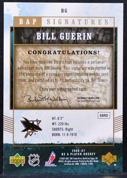 2006-07 Upper Deck Be A Player Signatures Bill Guerin San Jose Sharks Auto 6259