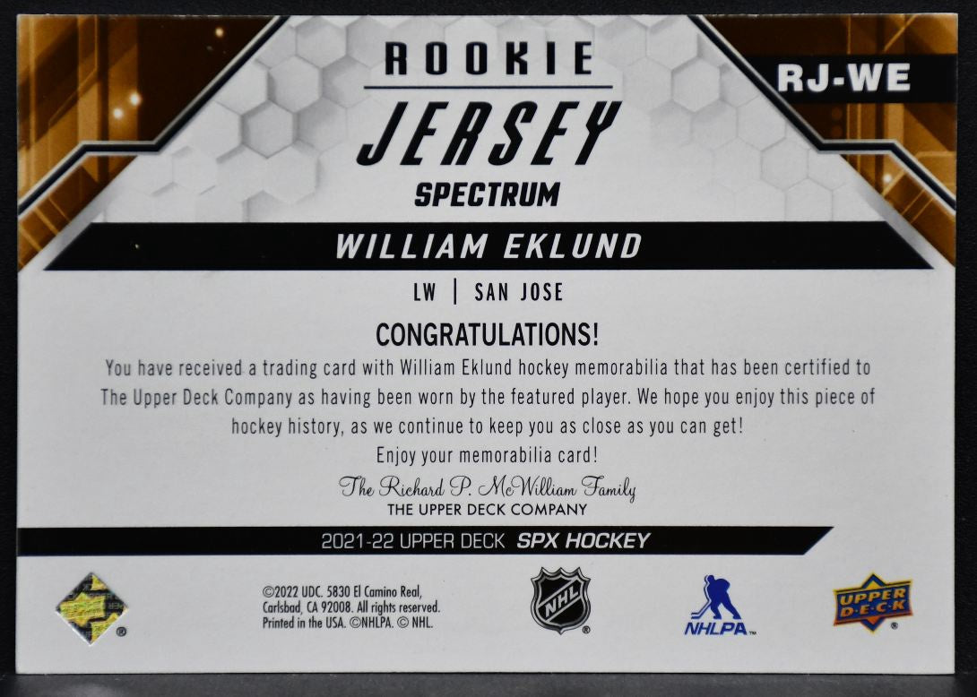 21-22 SPx RC Gold Jersey Spectrum William Eklund RJ-WE Sharks RC 26/99 Jersey 6553