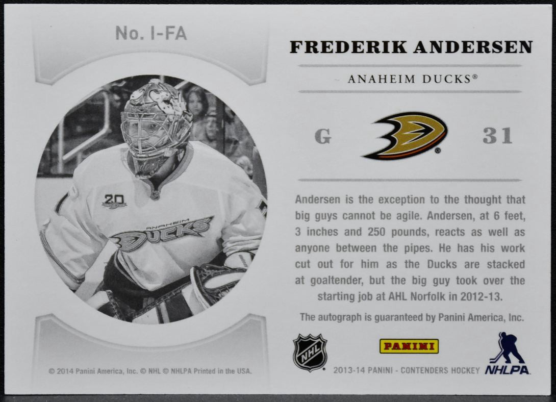2013-14 Panini Contenders NHL Ink Frederik Andersen I-FA Ducks Auto 6263