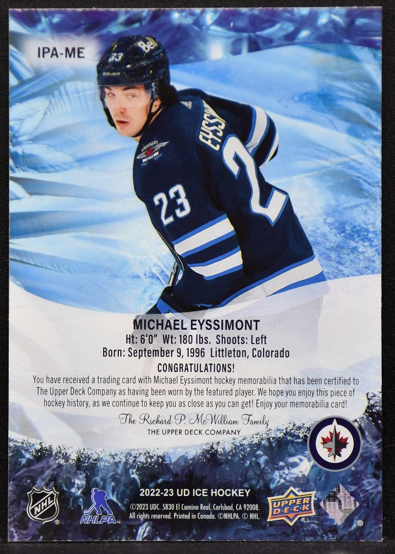 2022-23 UD Ice Premieres Jersey Michael Eyssimont IPA-ME Winnipeg Jets RC Jersey 3576