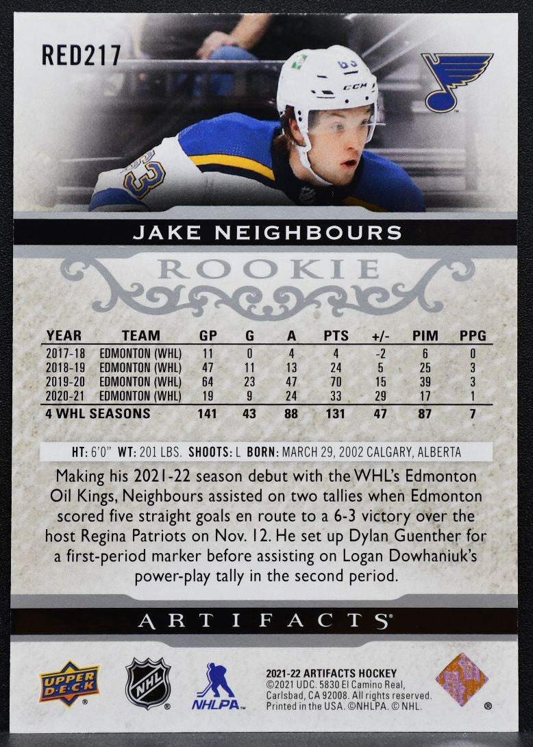 2021-22 Upper Deck Artifacts Rookie Jake Neighbours RED217 Blues RC 816/999 2409