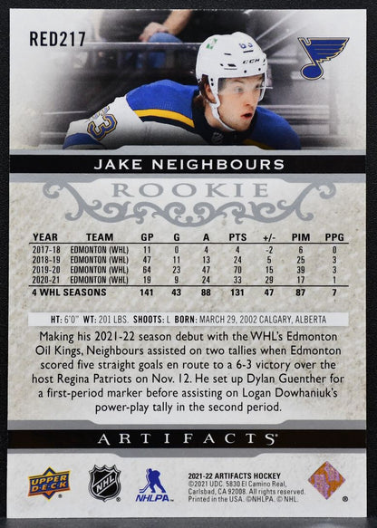 2021-22 Upper Deck Artifacts Rookie Jake Neighbours RED217 Blues RC 816/999 2409