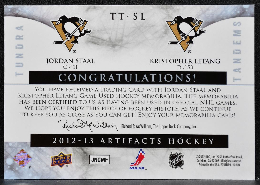 2012-13 UD Artifacts Tundra Tandems Blue Dual Staal/Letang Penguins Jersey 9730
