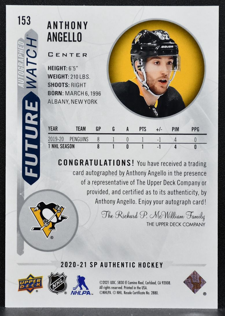 2020-21 SP Authentic Future Watch Auto Anthony Angello Penguins Auto 0293