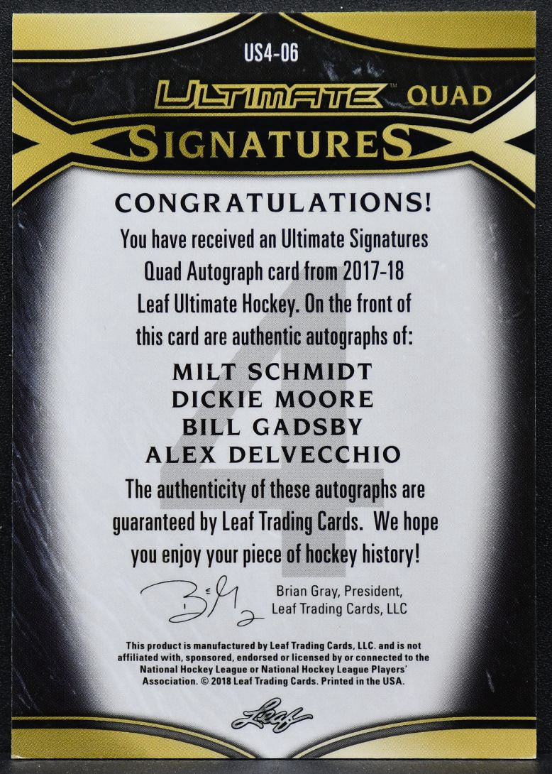 2017-18 Leaf Ultimate Quad Signatures Schmidt/Moore/Gadsby/Delvecchio Auto 1/1 9744