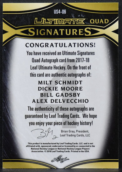 2017-18 Leaf Ultimate Quad Signatures Schmidt/Moore/Gadsby/Delvecchio Auto 1/1 9744