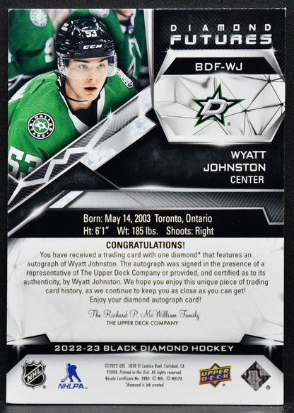 2022-23 UD Black Diamond Futures Purple Auto Wyatt Johnston BDF-WF RC Auto 02/10