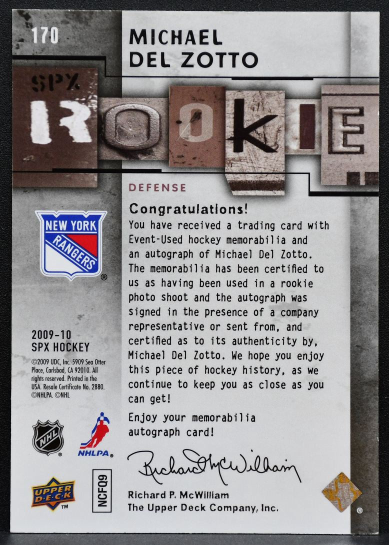 2009-10 SPx Rookie Auto Jersey Michael Del Zotto Rangers RC Auto 719/799 2195