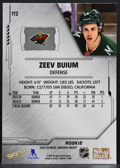 2025-26 SkyBox Metal Universe Rookie Zeev Buium 112 Minnesota Wild RC 1938