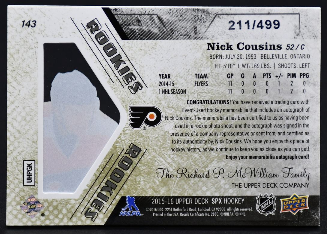 2015-16 SPx Auto Jersey Rookies Nick Cousins 143 RC Auto 211/499 Jersey