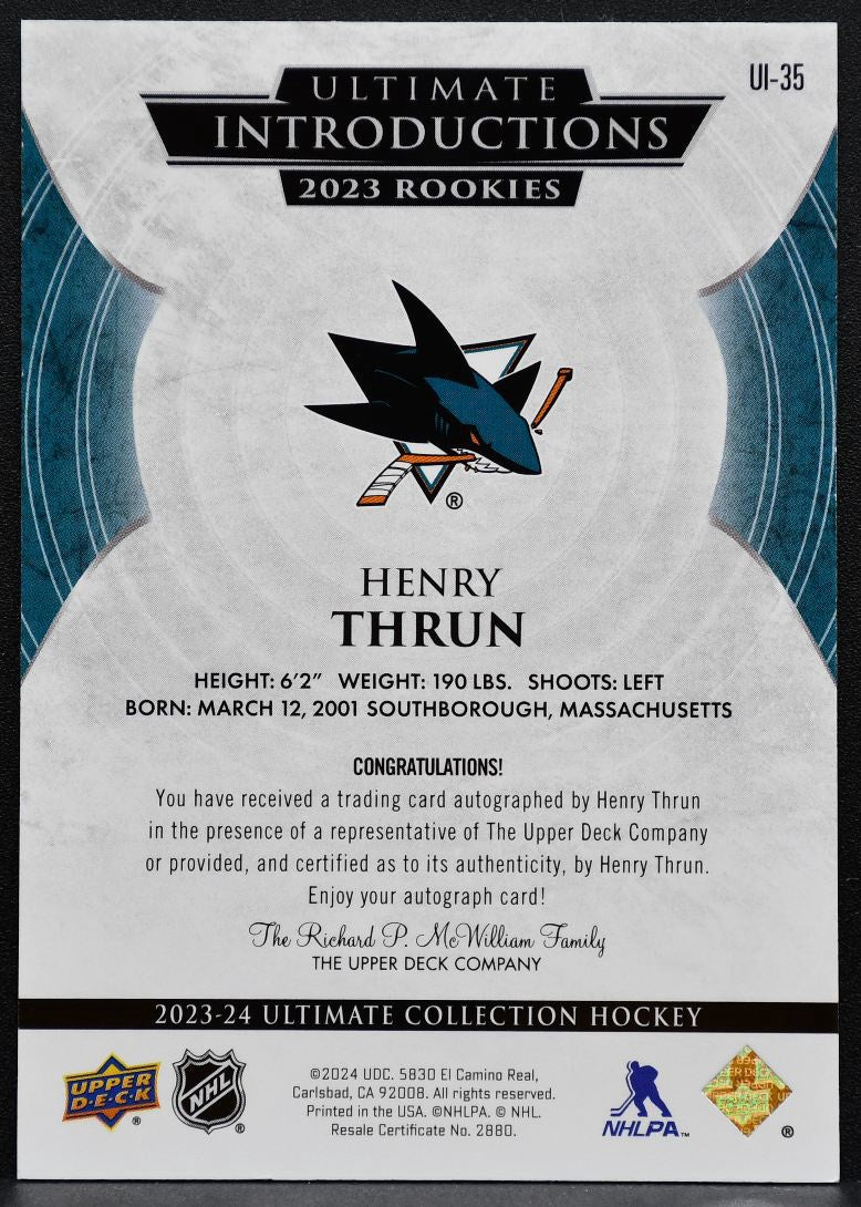 2023-24 UD Ultimate Collection Introductions Henry Thrun Sharks RC Auto 2263