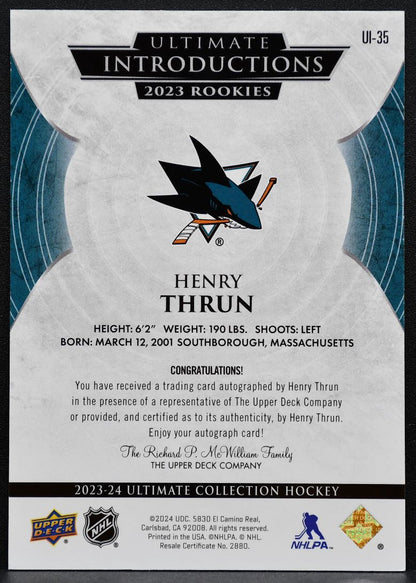 2023-24 UD Ultimate Collection Introductions Henry Thrun Sharks RC Auto 2263