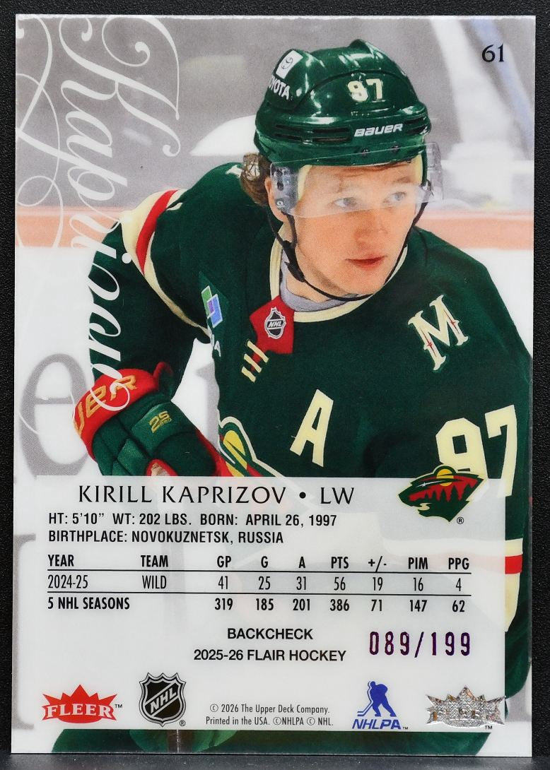2025-26 Flair Backcheck Variant Kirill Kaprizov 61 Minnesota Wild 089/199 0665