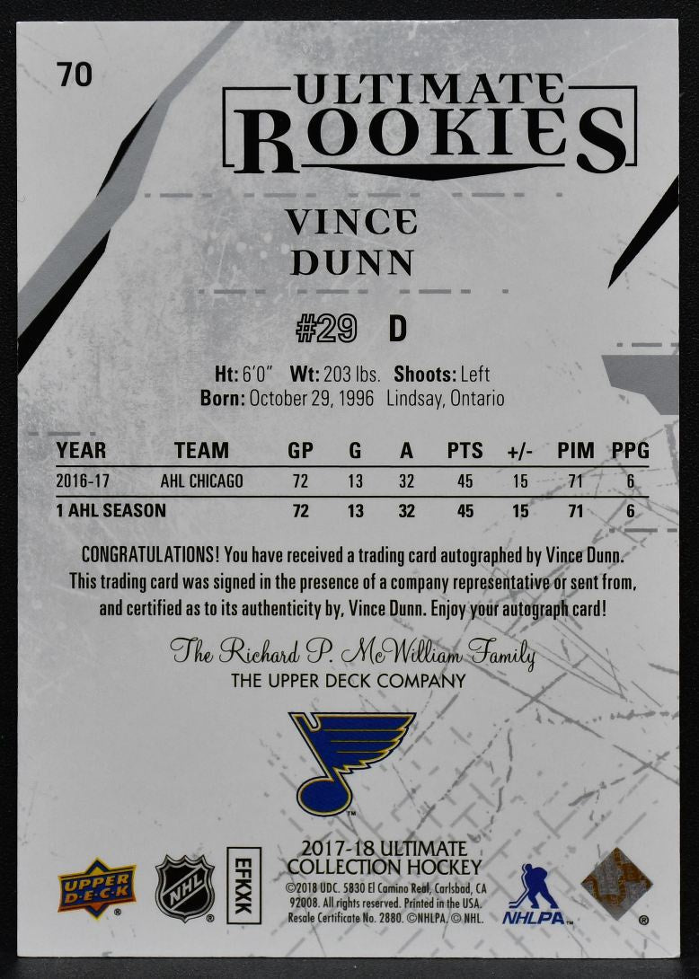 2017-18 UD Ultimate Collection Rookies Vince Dunn 70 Blues RC Auto 385/399 1479