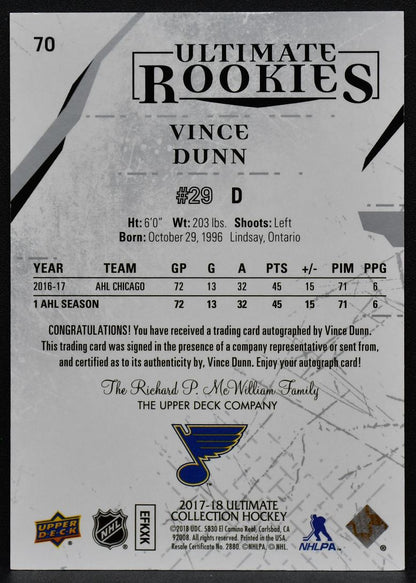 2017-18 UD Ultimate Collection Rookies Vince Dunn 70 Blues RC Auto 385/399 1479