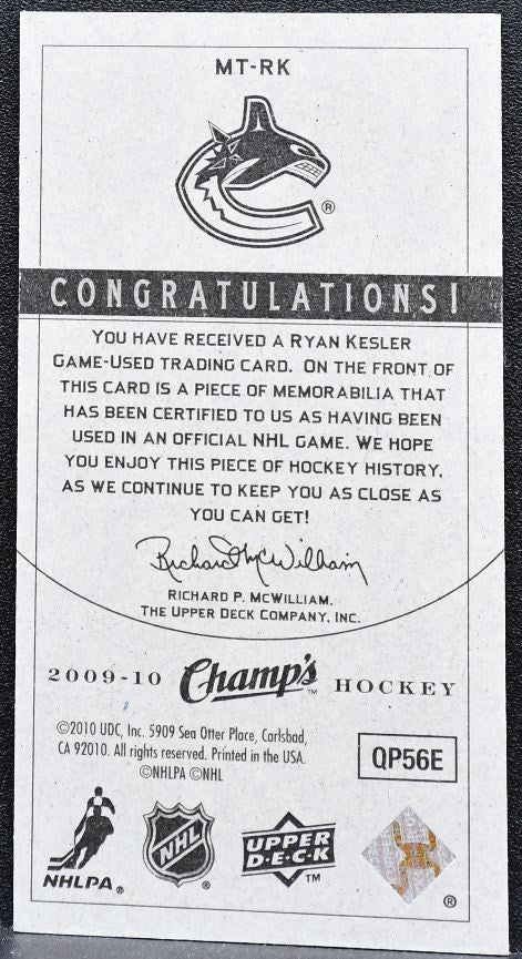 2009-10 Upper Deck Champ's Mini Threads Ryan Kesler MT-RK Canucks Jersey 6649