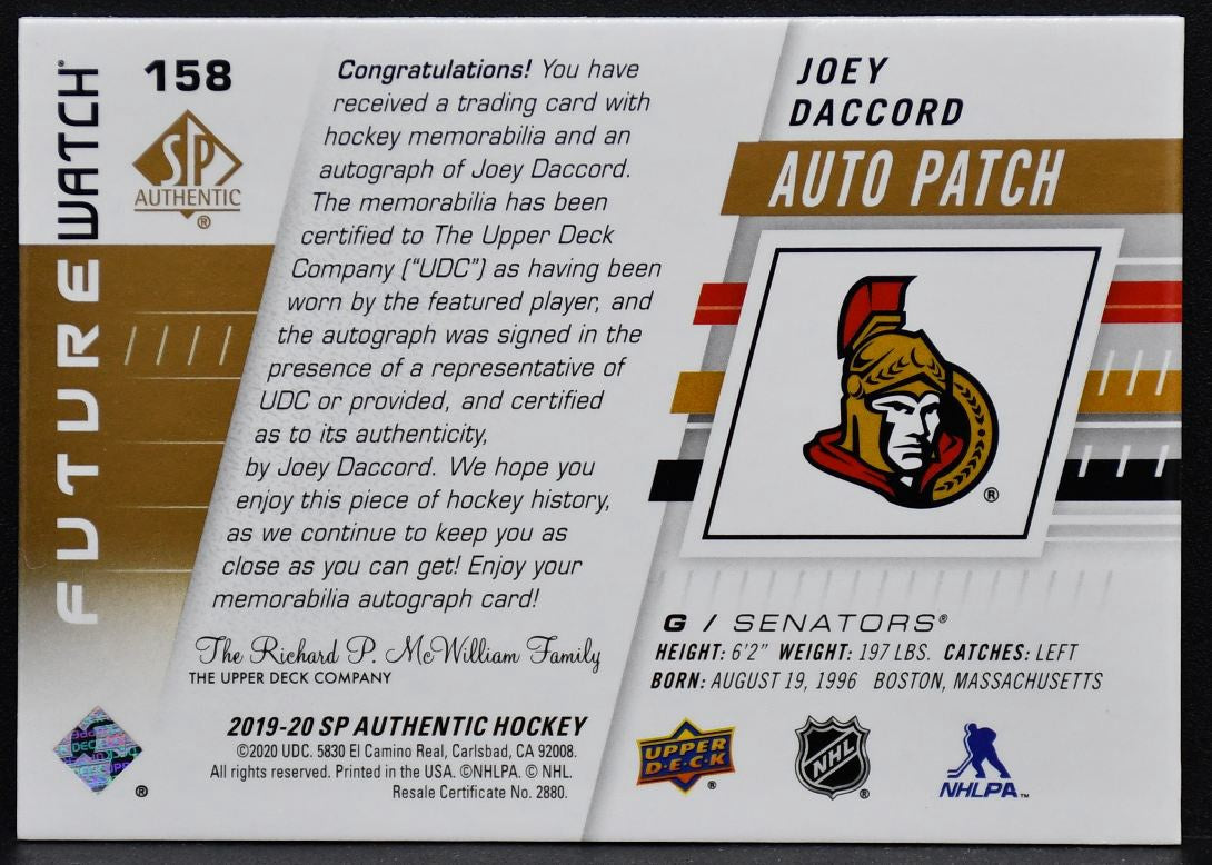 2019-20 SP Authentic Future Watch Auto Patch Joey Daccord 158  RC Auto /100