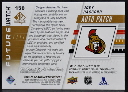 2019-20 SP Authentic Future Watch Auto Patch Joey Daccord 158  RC Auto /100