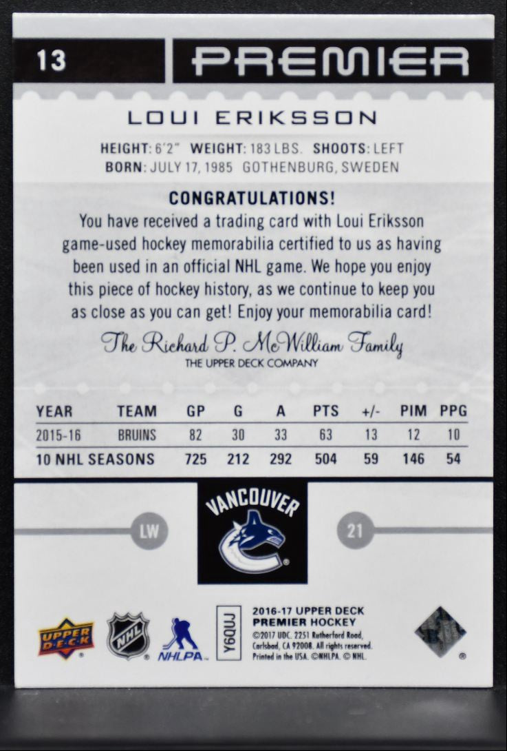 2016-17 Upper Deck Premier Base - Jersey Loui Eriksson 037/199 Jersey 1090