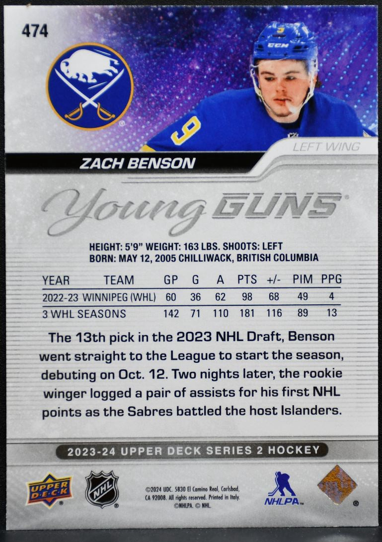 2023-24 Upper Deck Series 2 Young Guns Zach Benson 474 Buffalo Sabres RC 4006