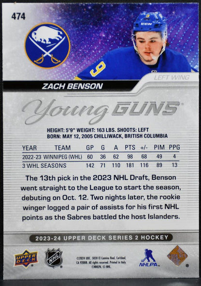 2023-24 Upper Deck Series 2 Young Guns Zach Benson 474 Buffalo Sabres RC 4006