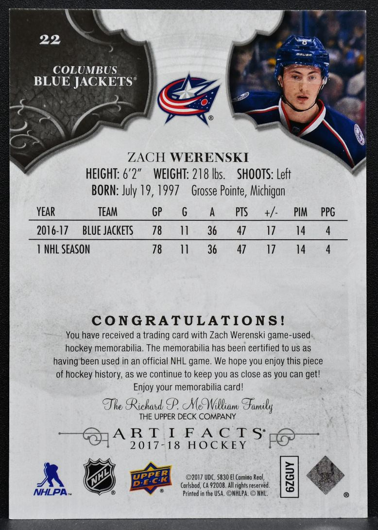 2017-18 UD Artifacts Materials Silver Zach Werenski 22 Blue Jackets 066/165 4305