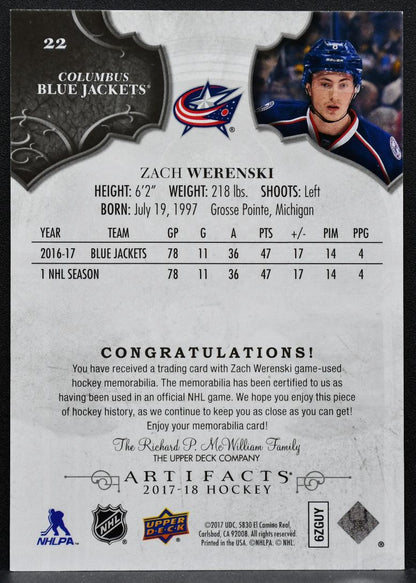 2017-18 UD Artifacts Materials Silver Zach Werenski 22 Blue Jackets 066/165 4305
