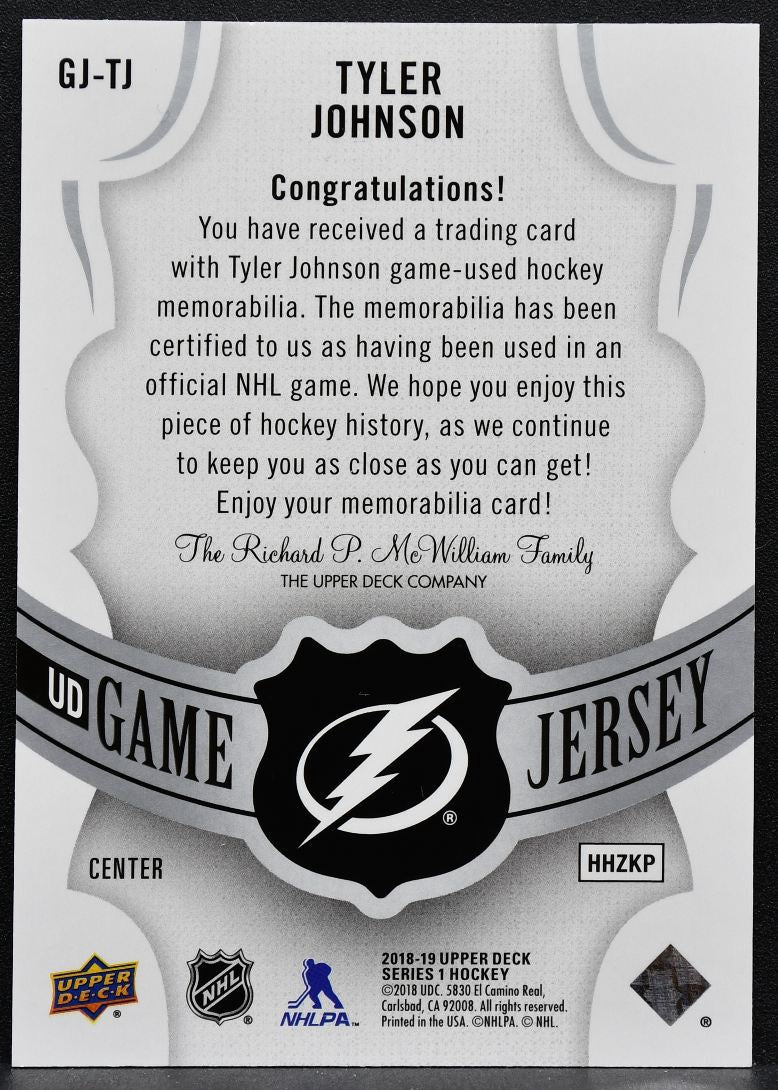 2018-19 UD Series 1 UD Game Jersey Tyler Johnson GJ-TJ Lightning Jersey 3582