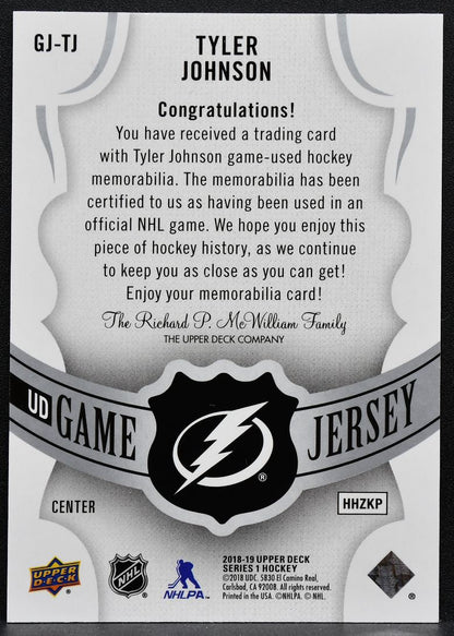 2018-19 UD Series 1 UD Game Jersey Tyler Johnson GJ-TJ Lightning Jersey 3582