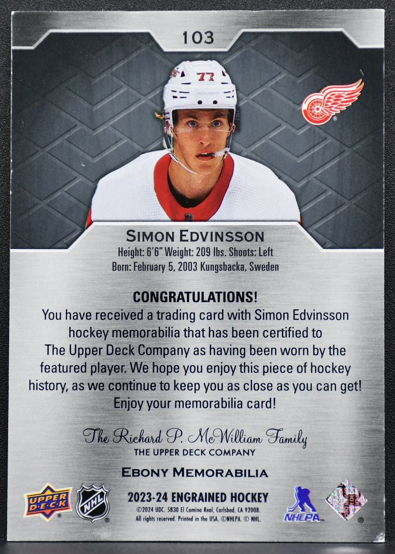 23-24 UD Engrained RC Memorabilia Ebony Simon Edvinsson Red Wings RC /35 Patch 2882
